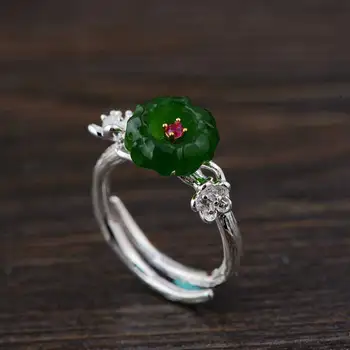 

FNJ 925 Silver Flower Ring Natural Green Hetian Jade Original S925 Sterling Silver Rings for Women Jewelry Adjustable Size