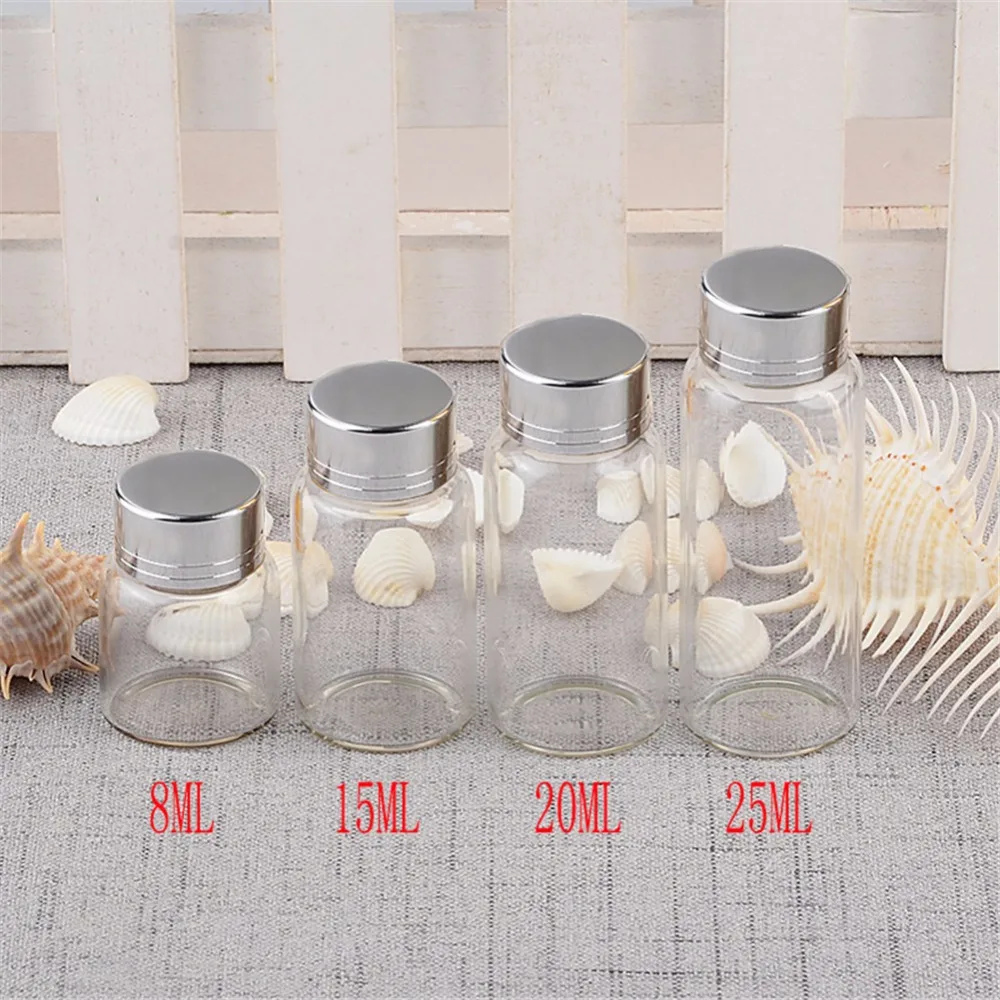 

12pcs 8ml 15ml 20ml 25ml Mini Glass Bottles With Silver Swivelling Cover Glass Bottles Screw Caps Weding Gift Jars Wholesale