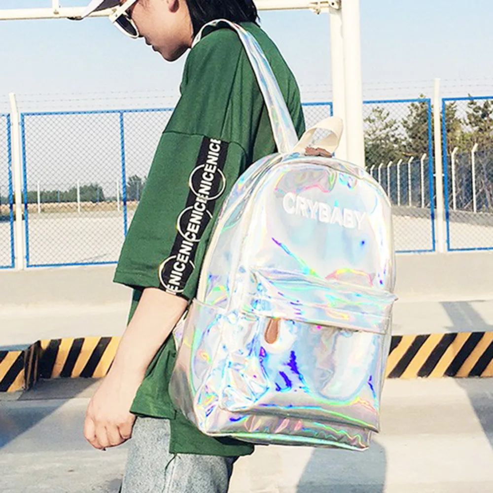 

Holographic Women's bag Hologram Leather Female Fashion travel Backpack Laser For Girl School Casual bag Pack Mochila feminina