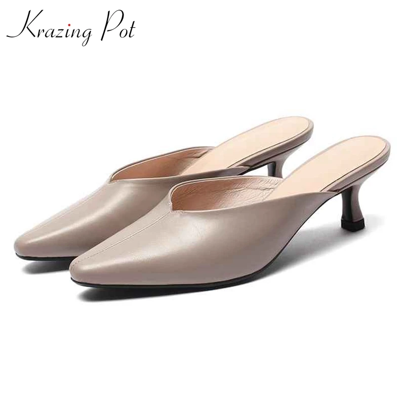 

Krazing pot full grain leather high quality summer party female superstar concise design stiletto med heels shallow pumps l17