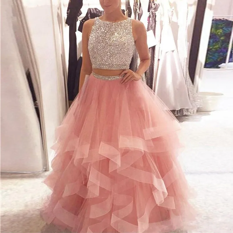 Ruffles Evening Dresses Long for Graduation Sequin Two 2 Piece Prom Dress Gowns vestido de formatura A Line Prom Party Gowns Ruffles Evening Dresses Long for Graduation Sequin Two 2 Piece Prom Dress Gowns vestido de formatura A Line Prom Party Gowns