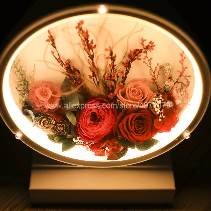 

New 2019 LED Light Round Acrylic Gift Box Packaging Eeternal Natural Moon Preserved Fresh Flower Rose