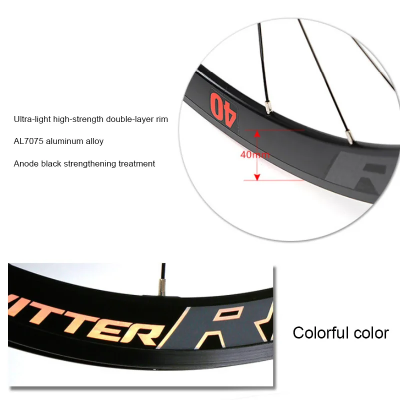 Discount road bike wheels Ultralight aluminum alloy 40 knife carbon fiber wheel colorful reflective cursor 700C road bike wheel set 0