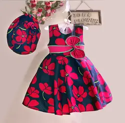 Девушки платье + шляпа красный цветок печать с бантом ну вечеринку театрализованное пляж принцесса прекрасные детской одежды размер 2 - 7