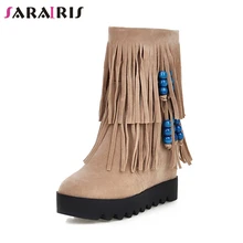 SARAIRIS/Лидер продаж; зимние женские ботинки на нескользящей платформе; коллекция года; ботинки с бахромой; женские высокие сапоги на меху, визуально увеличивающие рост