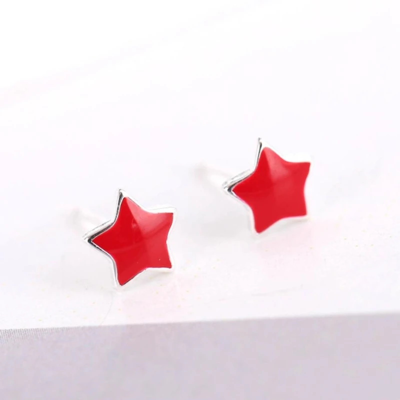 

Literary Fresh Red Pentagram Sweet 925 Sterling Silver Temperament Personality Trendy Female Stud Earrings SEA189