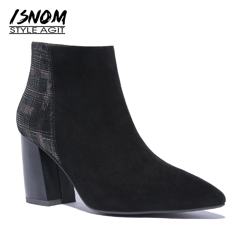 

ISNOM 2018 New Printing Women Ankle Boots Thick High Heels Boot Pointed Toe Party Ladies Shoes Autumn Kid Suede Rubber Footwear