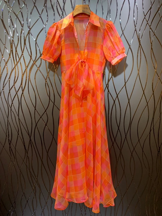 

2019 Summer dress new women's Lapel V-shaped split knotted short-sleeved Printed Dress 704