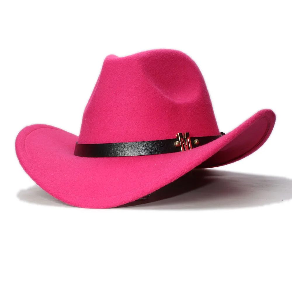 LUCKYLIANJI винтажная Женская Мужская шерстяная шляпа с широкими полями ковбойская котелок шляпа фетровая Кепка с буквой М кожаный ремешок(57 см/Отрегулируйте - Цвет: rose