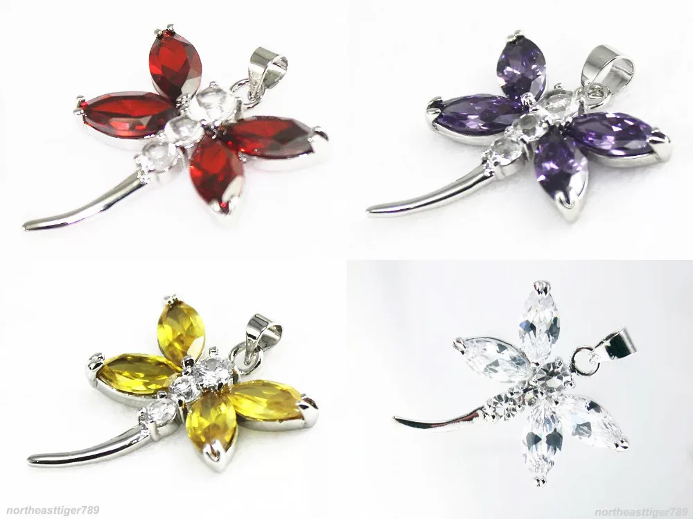 

FREE SHIPPINGRed Purple Yellow White Cubic Zirconia 18KWGP Crystal Dragonfly Pendant Necklace