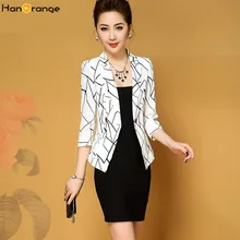 HanOrange Print Geometric 3 Quarter Sleeve Single Button Spring Autumn 2017 Women Blazer Jacket White/Black