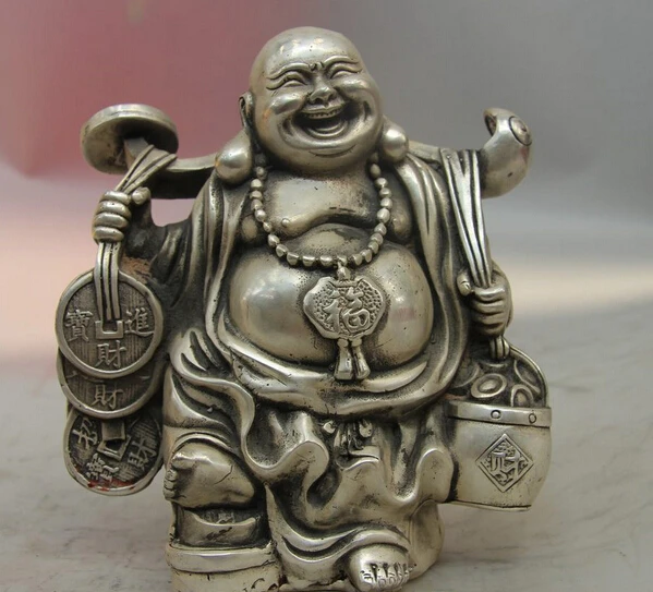 

150401 S1150 China White Copper Silver Yuanbao Wealth Money Ruyi Happy Maitreya Buddha Statue