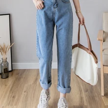 Джинсы для мамы с высокой талией, женские хлопковые шаровары длиной до щиколотки, свободные винтажные штаны, светильник, синий цвет, повседневные женские джинсы размера плюс