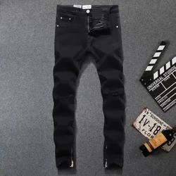 American Streetwear Moda Hombre Jeans Negro Color Skinny Jeans Tobillo Cremallera Rodilla Fray Hole Rasgado Jeans Hombres Hip Hop Jeans Homme American Streetwear Moda Hombre Jeans Negro Color Skinny Jeans Tobillo Cremallera Rodilla Fray Hole Rasgado Jeans Hombres Hip Hop Jeans Homme