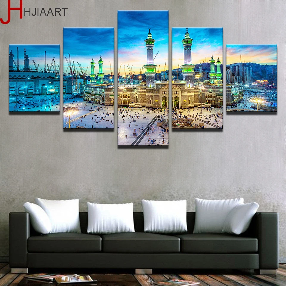 Framed Canvas Paintings Living Room Prints Home Decor 5 Pieces Islamic Muslim Poster Wall Art Mosque Nightscape Pictures | Дом и сад