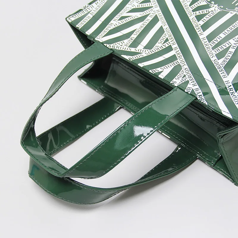 Green striped pvc waterproof shopping bag large capacity Bento bag women handbag