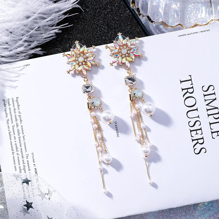 MENGJIQIAO корейский яркий хрустальный цветок имитация жемчуга кисточкой длинные серьги для женщин модные массивные вечерние серьги Brinco