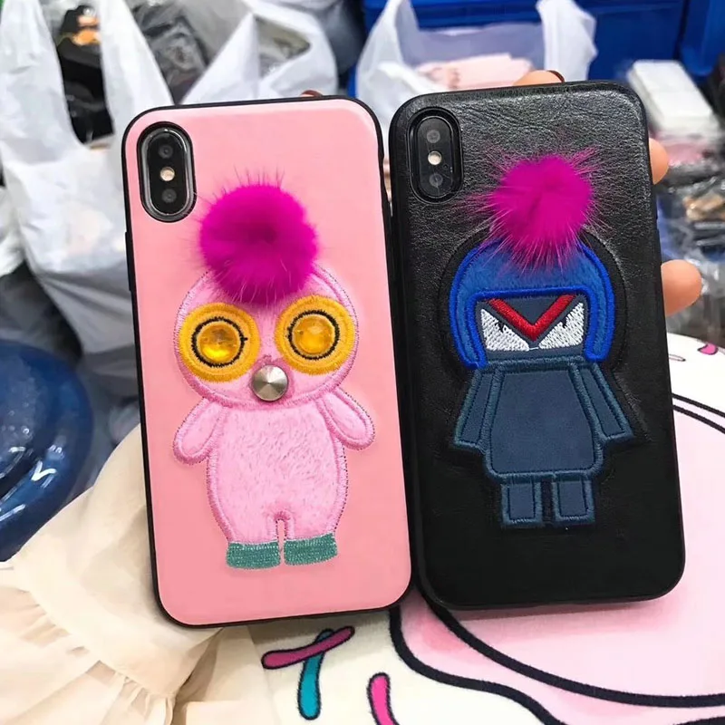 

leather textured embroidery little devil plush phone case for iphone X 7 7Plus 8 8plus TPU soft side hard cover for 6 6S 6plus