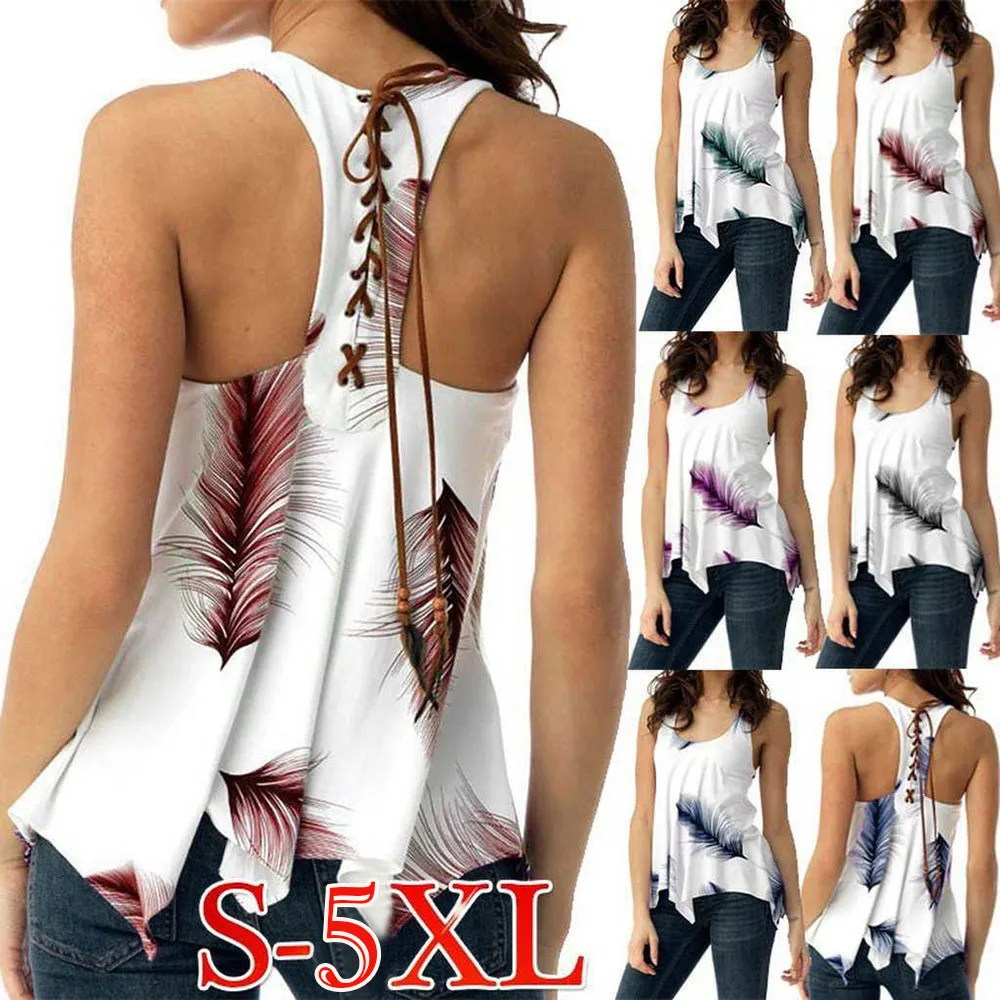 

2019 summer top Women Plus Size Print Sleeveless Bandage Tank Vest Bluses Pullover Tops Shirt underwear women sexy top streetwea