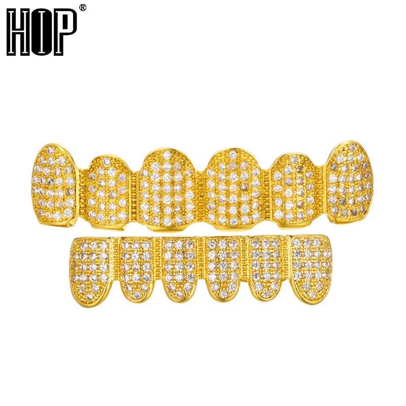 

Hip Hop Shiny Bling Full Iced Out AAA Cubic Zircon Crystal Teeth Grill Gold Silver Fang Top & Bottom Grill Set Dropshipping