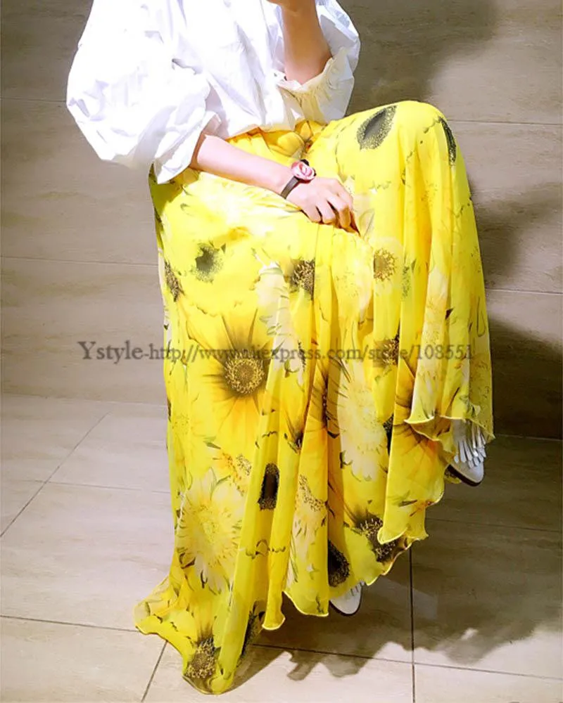 Женская Мода с цветочным принтом шифоновая длинная юбка летние женские Повседневное Высокая талия в складку 3 слоя цветочные юбки Saias SK77