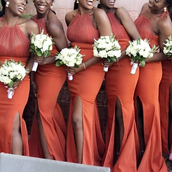 

red bridesmaid dresses halter neckline side slit sexy wedding gust dresses chiffon wedding party dress