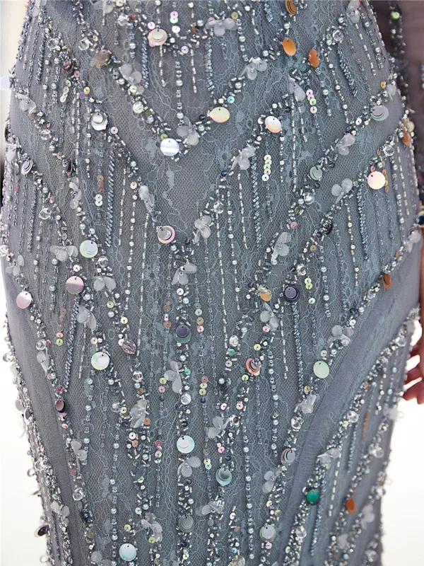 Реальные фотографии серый Русалка Вечерние платья с длинным рукавом формальное платье для особых случаев арабский бисер Кристалл Вечерние платья
