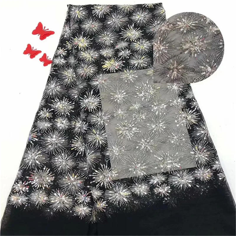 

White black high quality French Nigerian sequins beaded lace,African tulle mesh sequence lace fabric for party dress 5yards/lot