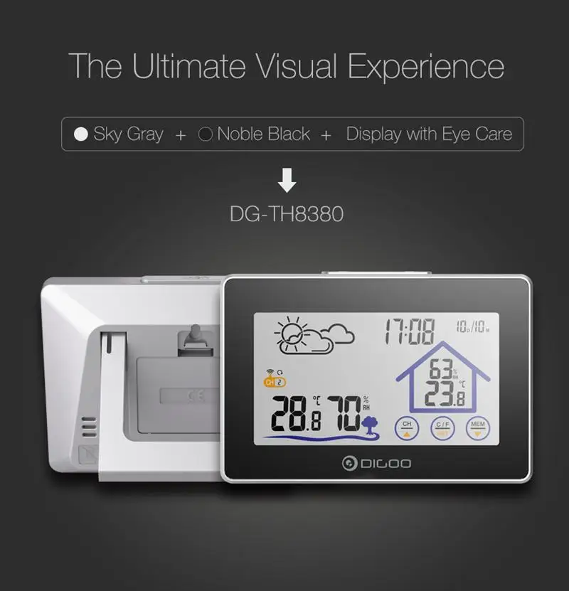 Digoo DG-TH8380 Wireless Touch Screen Weather Station Thermometer Outdoor Forecast Sensor Clock