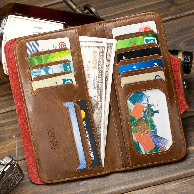 Мужской кожаный Длинный кошелек с карманами для удостоверения личности, клатч, двойной кошелек, цена