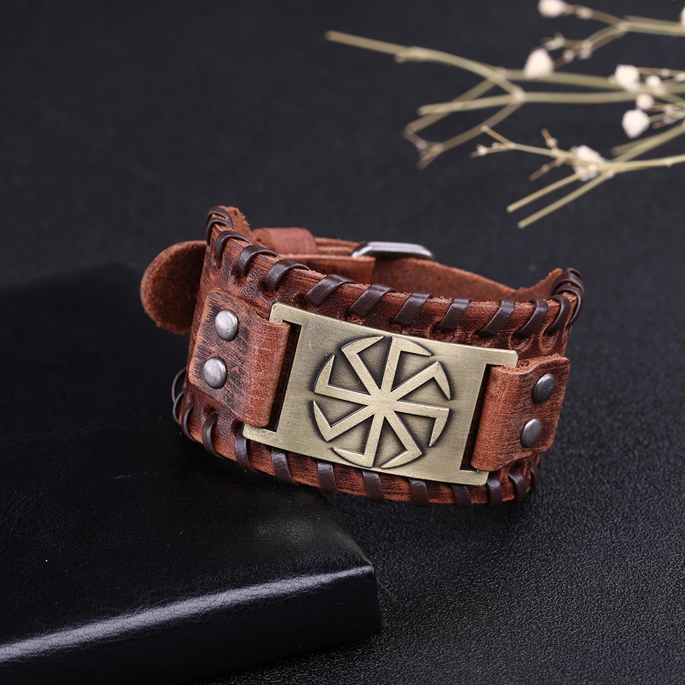 LIKGREAT Slavic Sun Wheel Kolovrat Talisman Charm Bracelets Leather Wrap Cuff Bracelet for Man Women Wicca Jewelry Accessories
