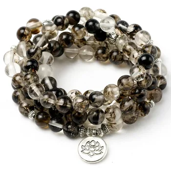 

Black Watermelon Rind Stone Mala Necklace & Bracelets For Men Yoga Bracelet Lotus 108 Beads Bracelet Women Jewelry