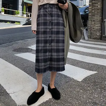 

2019 New Fashion Slim Bodycon Vintage Skirt Women High Waist Plaid Button Pencil Casual Skirt Autumn