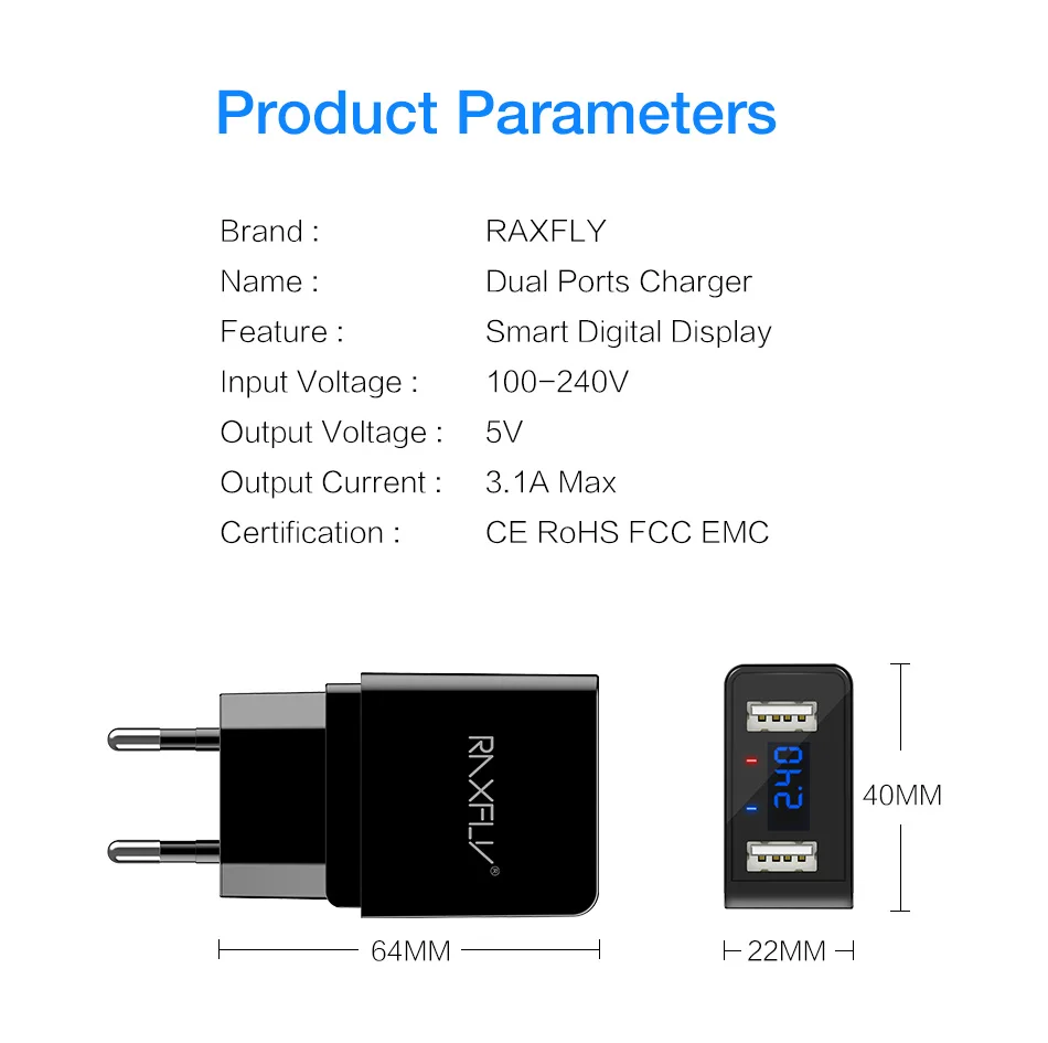 RAXFLY 5 В/2,4 А два порта USB зарядное устройство для samsung Note 8 S8 светодиодный дисплей 2a дорожный штекер для быстрой зарядки телефона настенная Зарядка для iPhone X 8