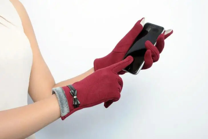YRRETY новые зимние теплые перчатки из овчины толстые кашемировые перчатки женские модные дышащие наручные перчатки ручной работы - Цвет: Bow Red