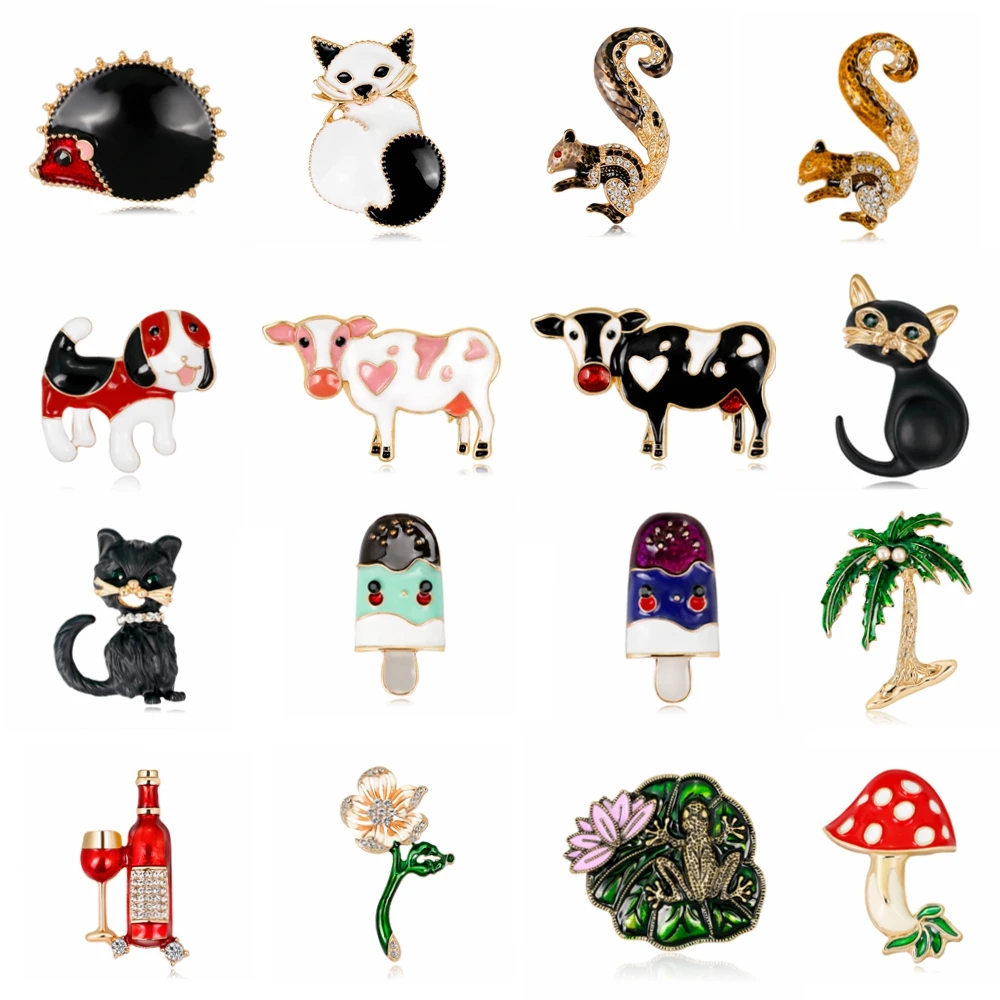 

Rinhoo Enamel animal Brooch white Black Cat dog squirrel Ice Cream coconut tree Women Weddings Banquet Brooch Pins Gift