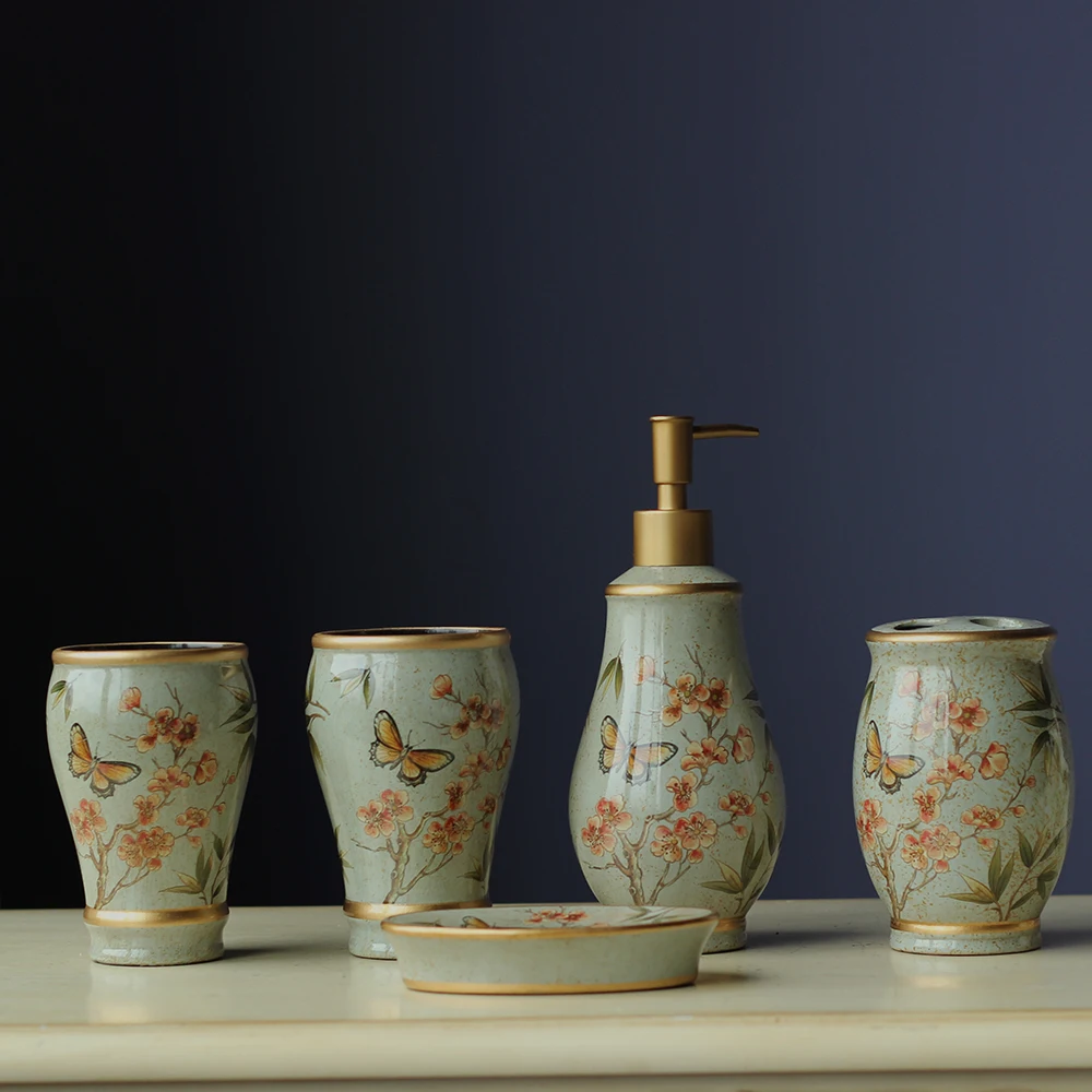 Chinese style ceramics Bathroom suite Bathroom wash five sets Brush cups Bathroom supplies Rinse cup set LO726523