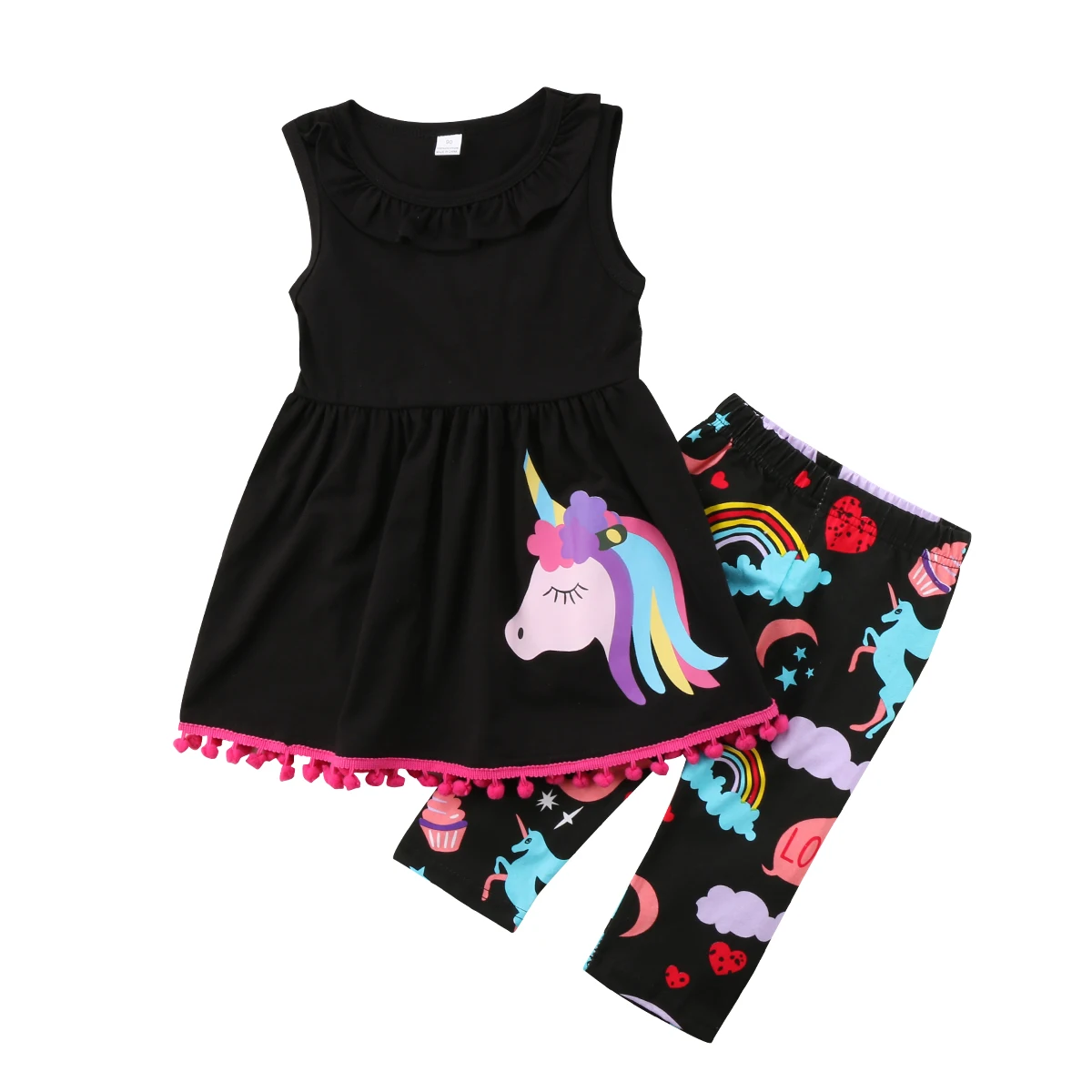 

2018 Cotton Unicorn Kids Baby Girls Outfit Sleeveless Clothes T-shirt Top Dress+ Rainbow Pants Set Cute Summer Clothes