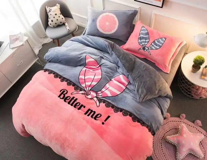 

Coral Fleece Bedding Set Flannel Cartoon Totoro print coral fleece duvet cover bed sheet pillowcase 4 pieces bedding set twin q