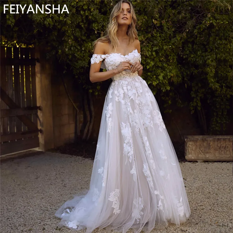 New Wedding Dresses 2019 Off the Shoulder Appliques A Line Bride Dress Princess Wedding Gown Free Shipping robe de mariee