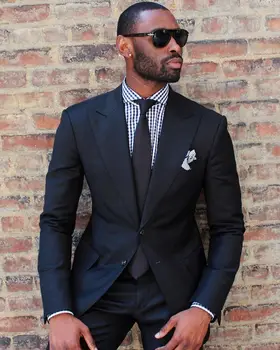 

New Arrival Two Buttons Black Groom Tuxedos Peak Lapel Groomsmen Mens Wedding Suits Blazers (Jacket+Pants+Tie) W:560