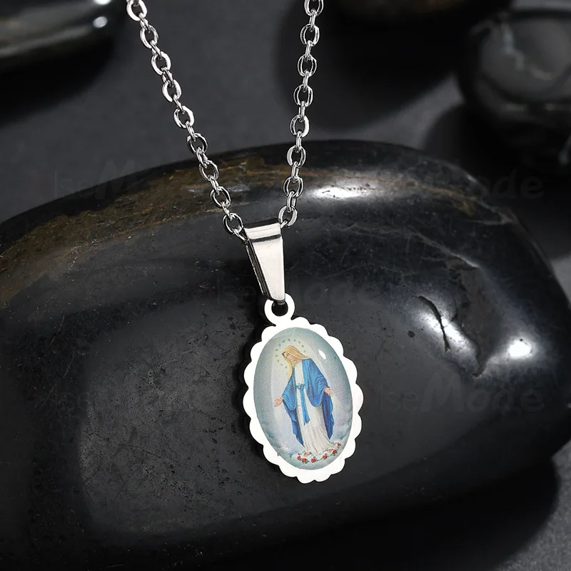ELSEMODE овальное ожерелье Девы Марии христианской католической для женщин золото серебро 316L нержавеющая сталь акриловое ожерелье s Прямая