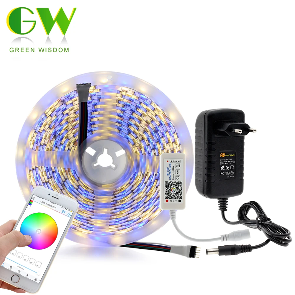 

RGBW RGBWW 5050 LED Strip 5M Bluetooth Controller Set Flexible Neon Tape + Mini Bluetooth Controller DC12-24V + Power Adapter