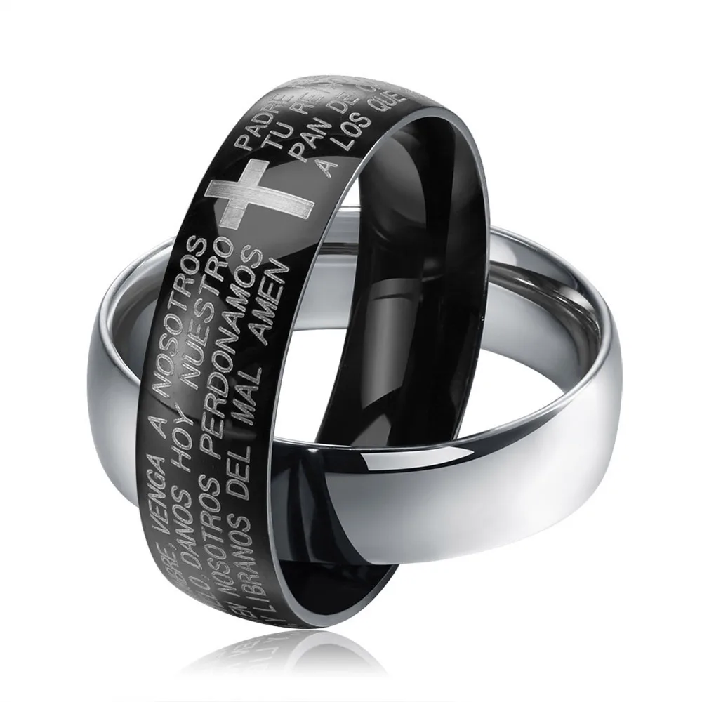 Stainless Steel Bible The Lord's Prayer Mens Ring Cross Black Silverin