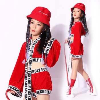 

Children'S Jazz Dance Costumes Girls Street Dance Performance Clothes Kids Hip-Hop Dance Red Suit Catwalk Show Outfit DQL071