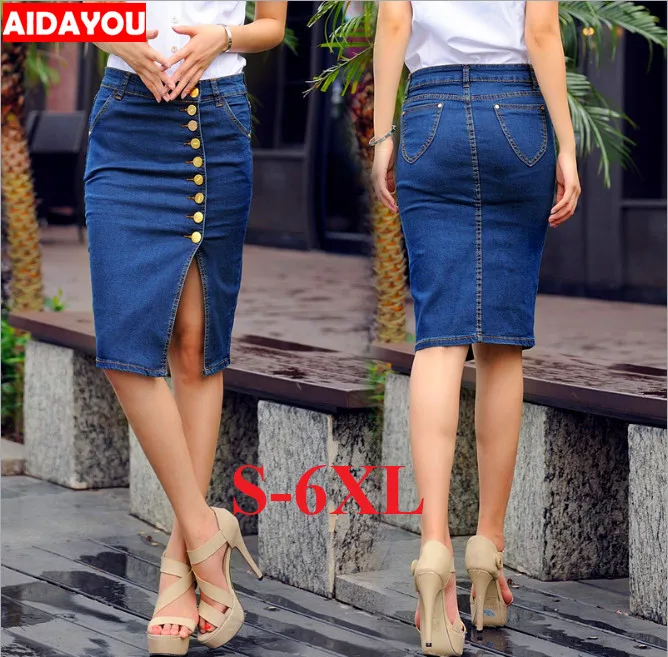 

Women Tall Denim skirt Knee Length Plus Size High Waist Pull On Button Front mid thigh no pocket Size 3XL 5XL 12 16 ouc348