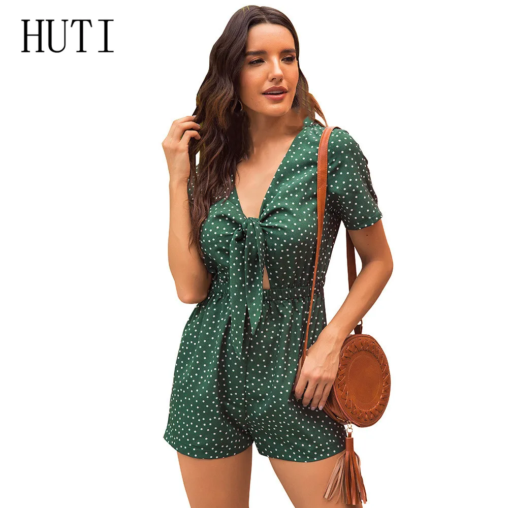 

HUTI Fashion Chest Straps Short Sleeve Jumpsuits Print Wavelet Point Casual Summer Green Playsuits Women Bogomian Club Bodysuits