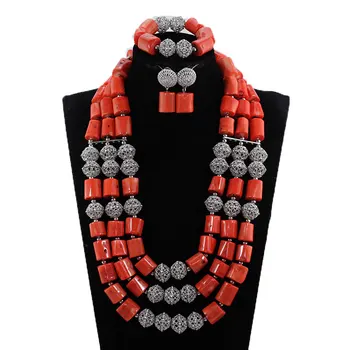 

High Quality Coral and Silver Women Bridal Jewelry Set 25inches Coral Nigerian Wedding Necklace Set 2018 PJW199