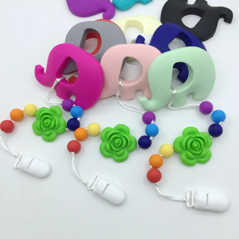 

New Silicone Teething Pacifier Clip with large Elephant pendant Flower chew bead Food Grade Silicone Teething / Nursing Necklace