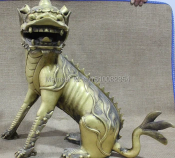 

18"Chinese 100% Pure Bronze Animal Beast kylin Chi-lin Unicorn Qilin Lion Statue